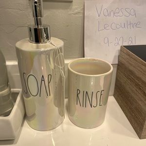 Rae Dunn iridescent soap and rinse bathroom set